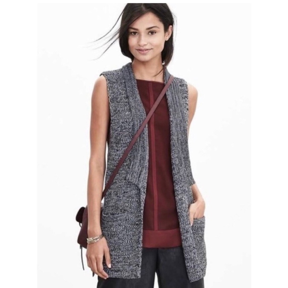 Cardigan sweater vest, wool blend, long, black, size small